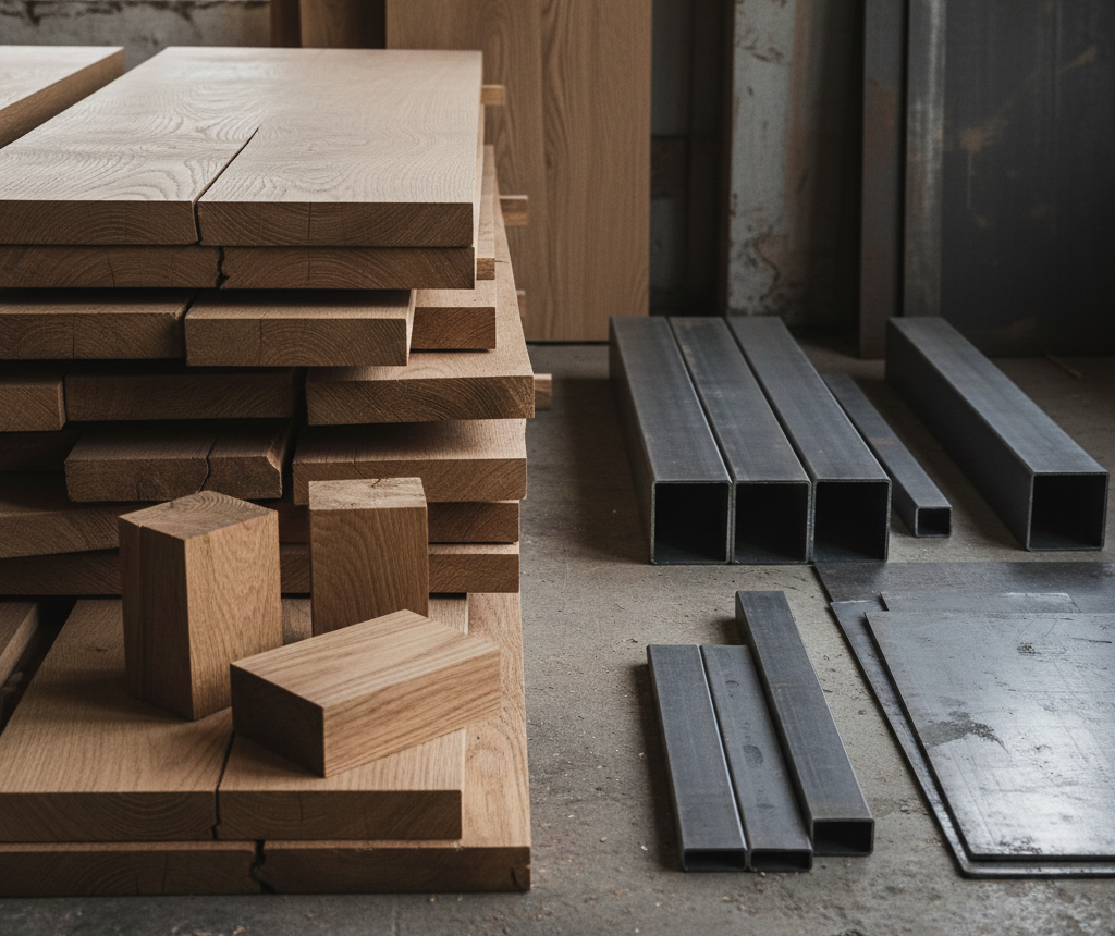 Materiały używane przez Surowy Dąb do produkcji mebli: dębowe drewno i stal