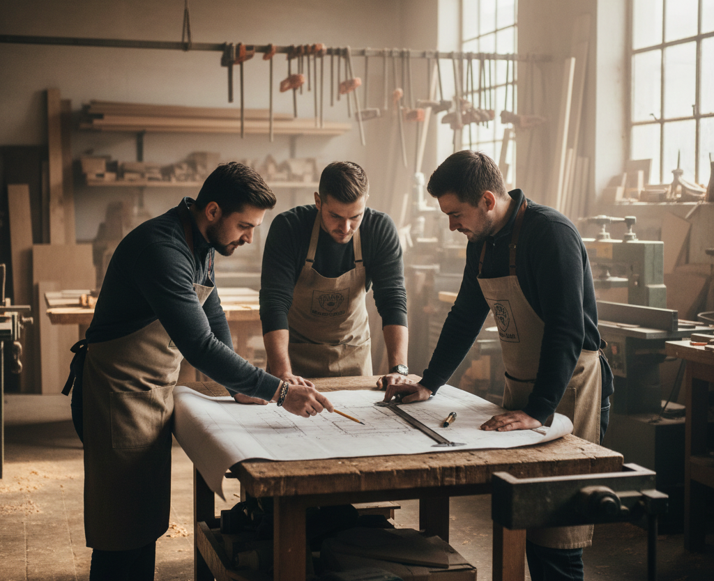 Pracownicy firmy Surowy Dąb projektujący meble na wymiar